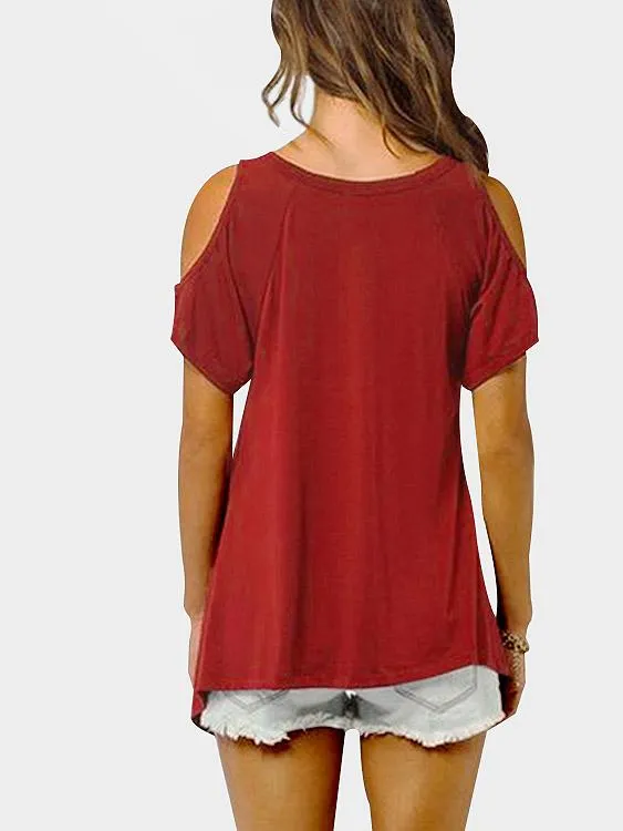 Custom Cold Shoulder Short Sleeve Irregular Hem T-Shirts