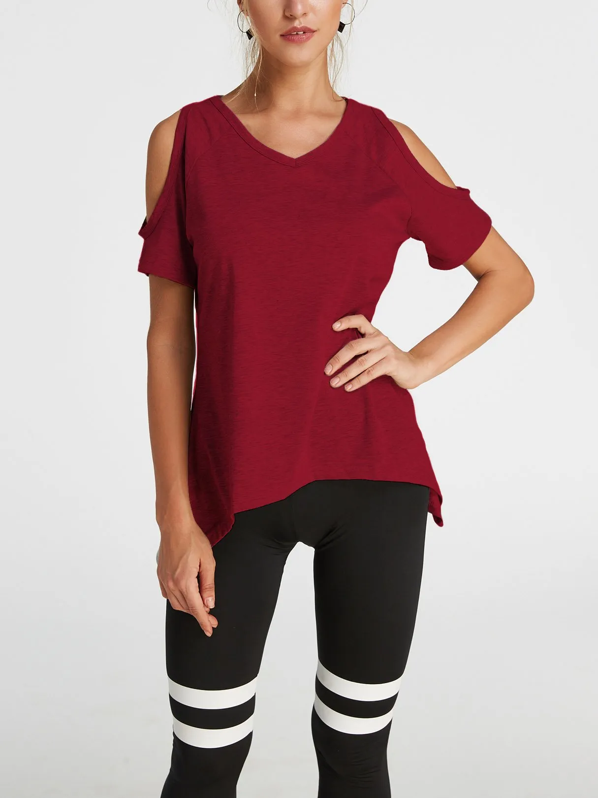 Custom Cold Shoulder Short Sleeve Irregular Hem T-Shirts