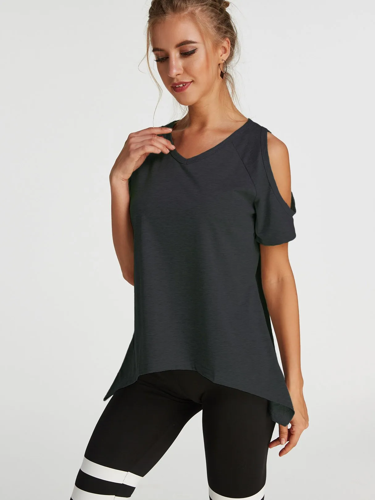 Custom Cold Shoulder Short Sleeve Irregular Hem T-Shirts
