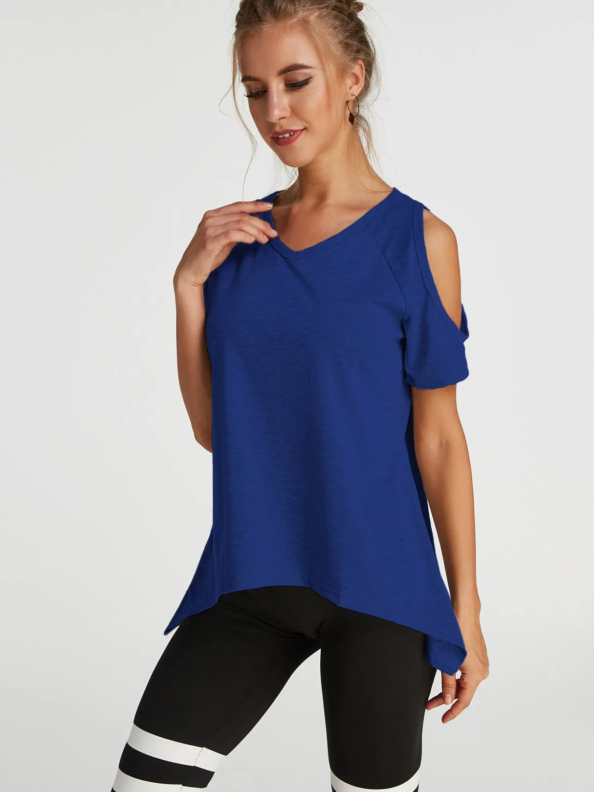Custom Cold Shoulder Short Sleeve Irregular Hem T-Shirts