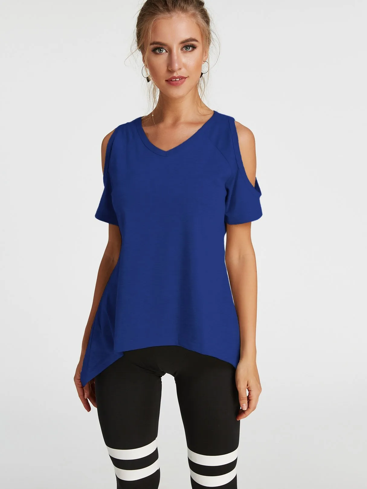 Custom Cold Shoulder Short Sleeve Irregular Hem T-Shirts