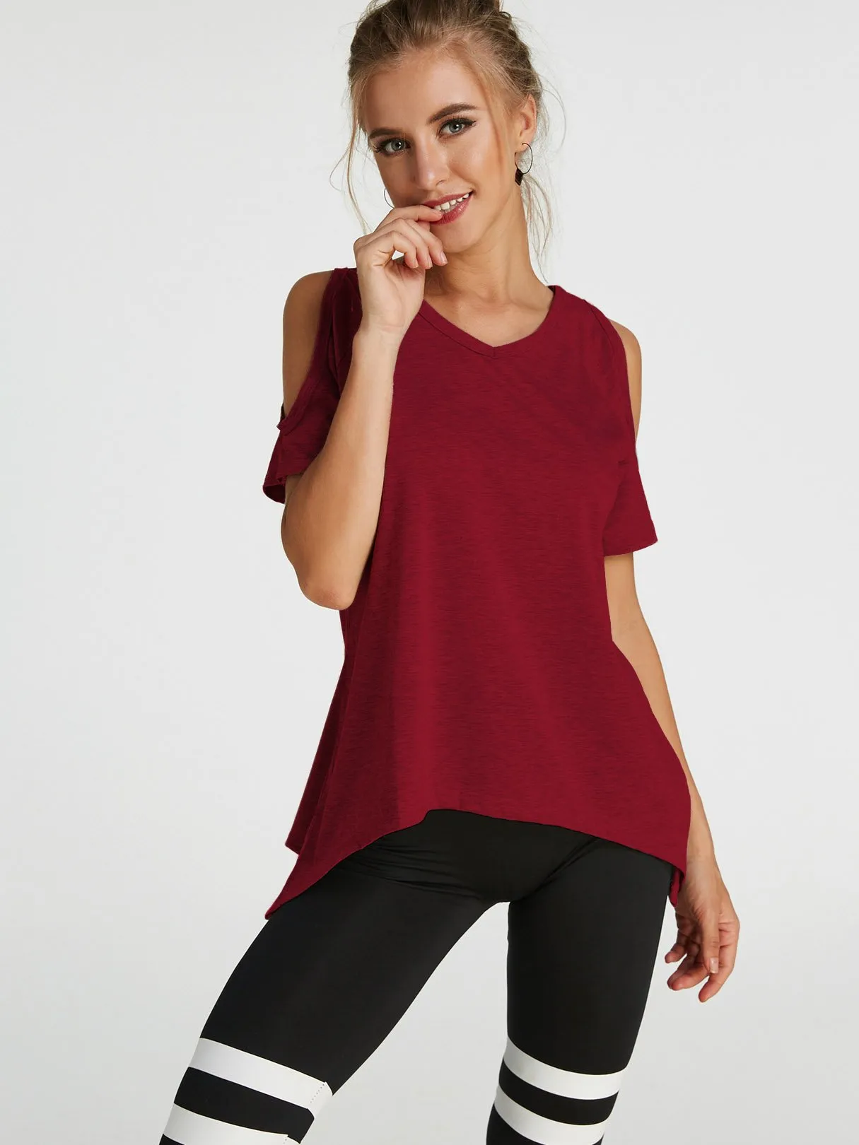 Custom Cold Shoulder Short Sleeve Irregular Hem T-Shirts