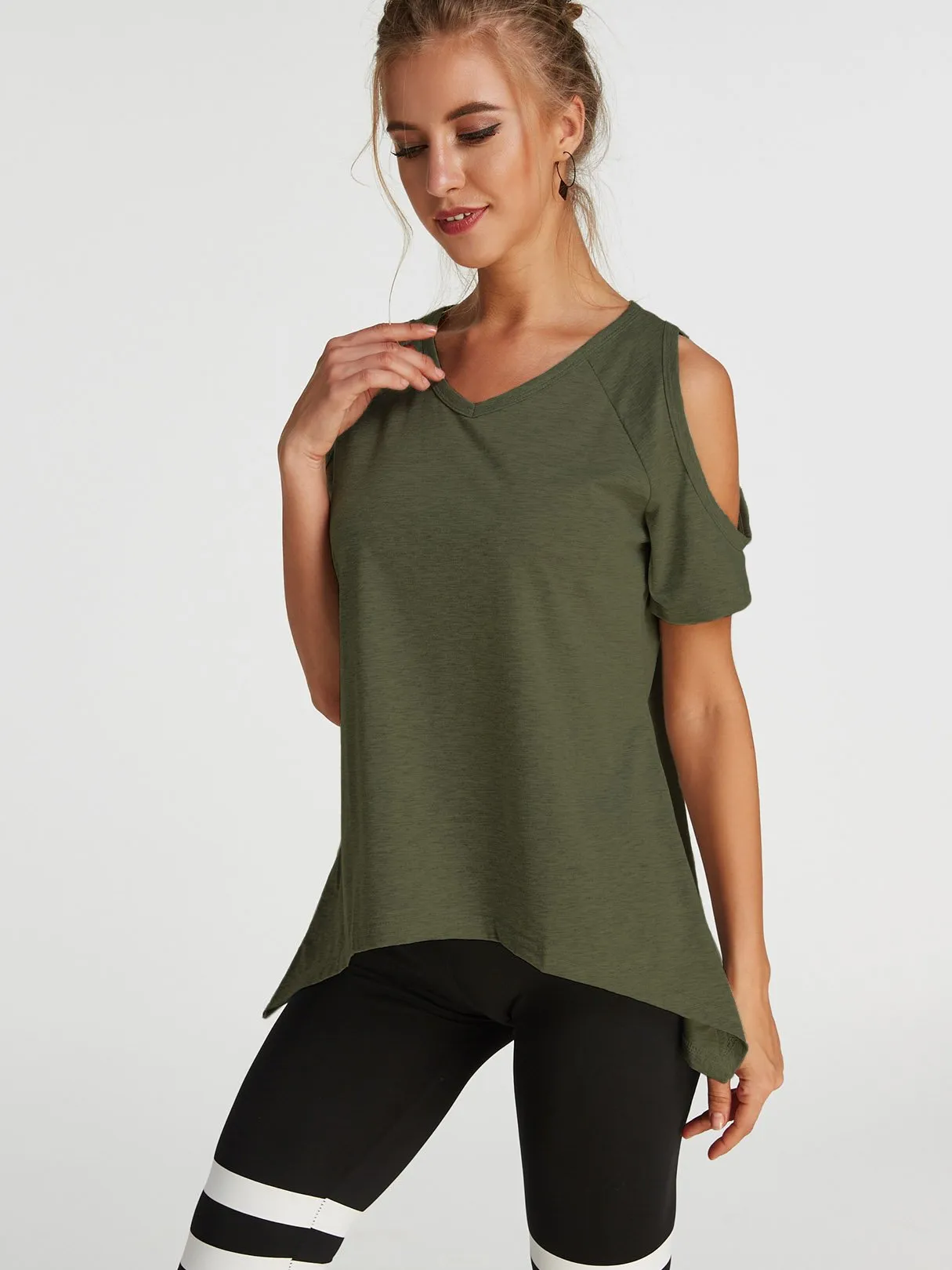 Custom Cold Shoulder Short Sleeve Irregular Hem T-Shirts