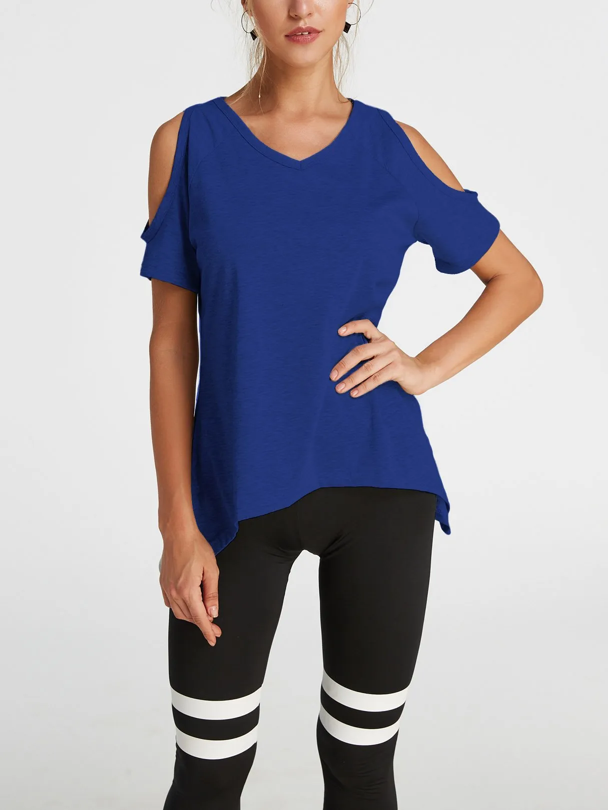 Custom Cold Shoulder Short Sleeve Irregular Hem T-Shirts