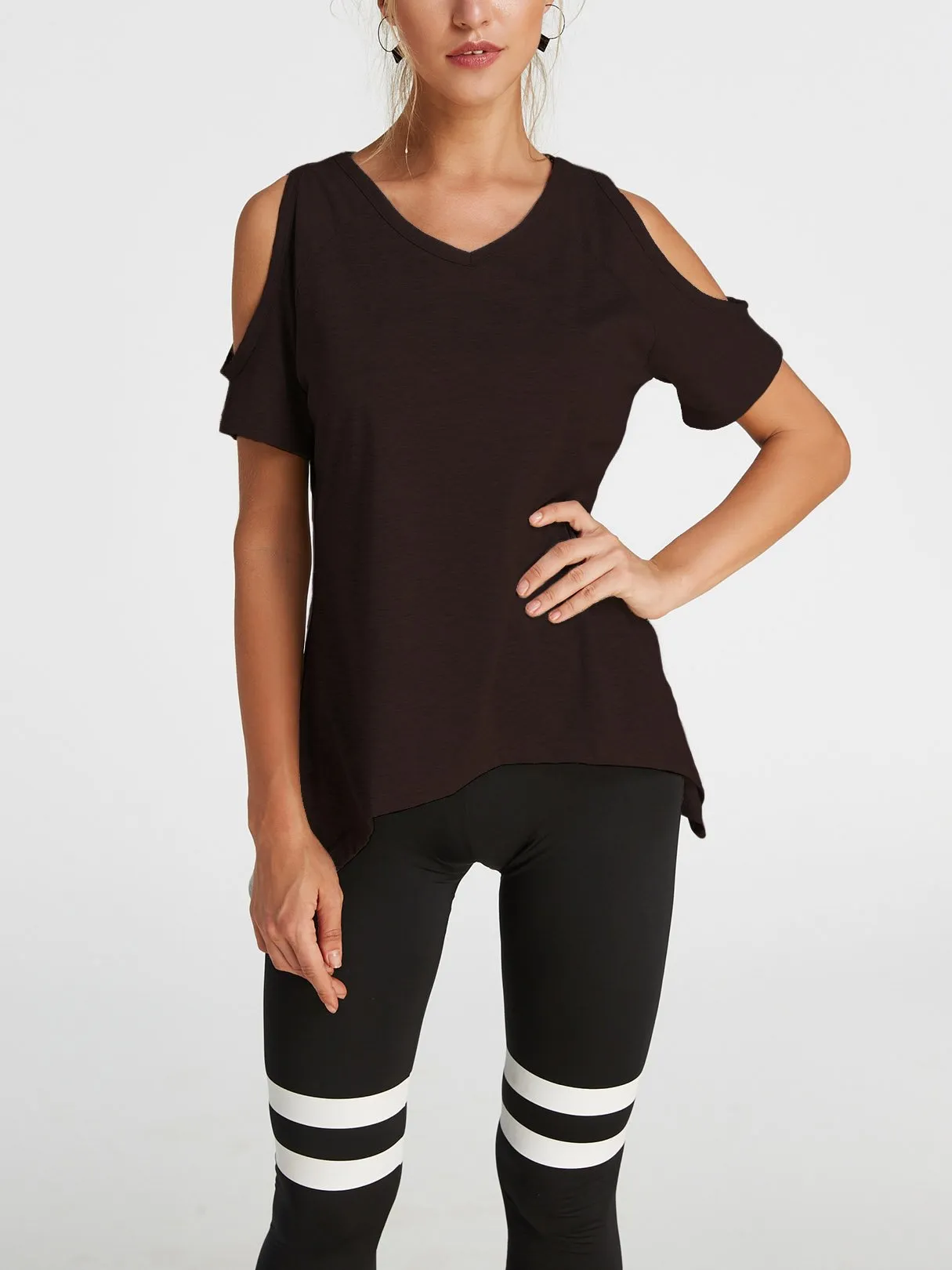 Custom Cold Shoulder Short Sleeve Irregular Hem T-Shirts