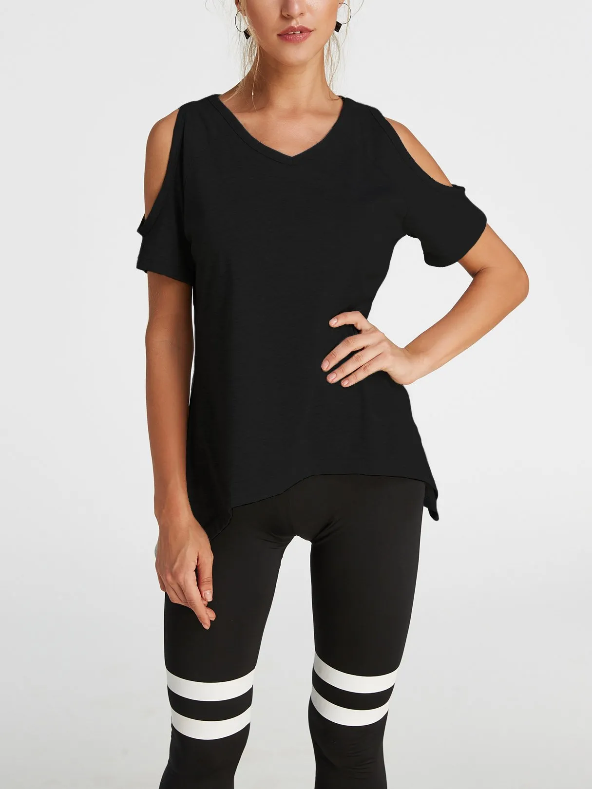 Custom Cold Shoulder Short Sleeve Irregular Hem T-Shirts