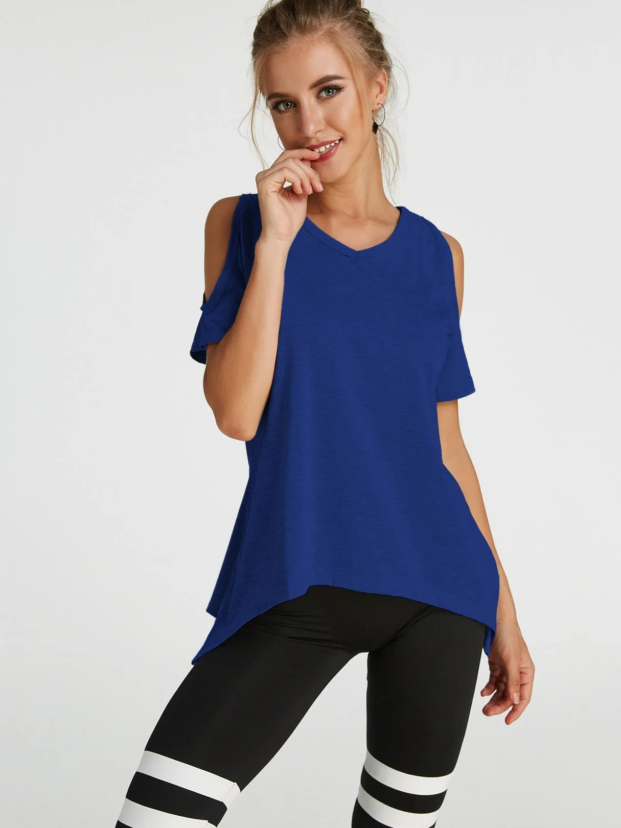 Custom Cold Shoulder Short Sleeve Irregular Hem T-Shirts