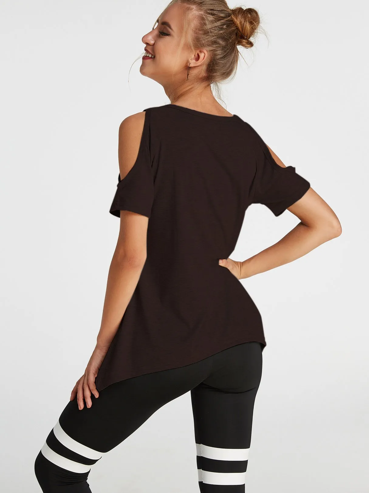 Custom Cold Shoulder Short Sleeve Irregular Hem T-Shirts