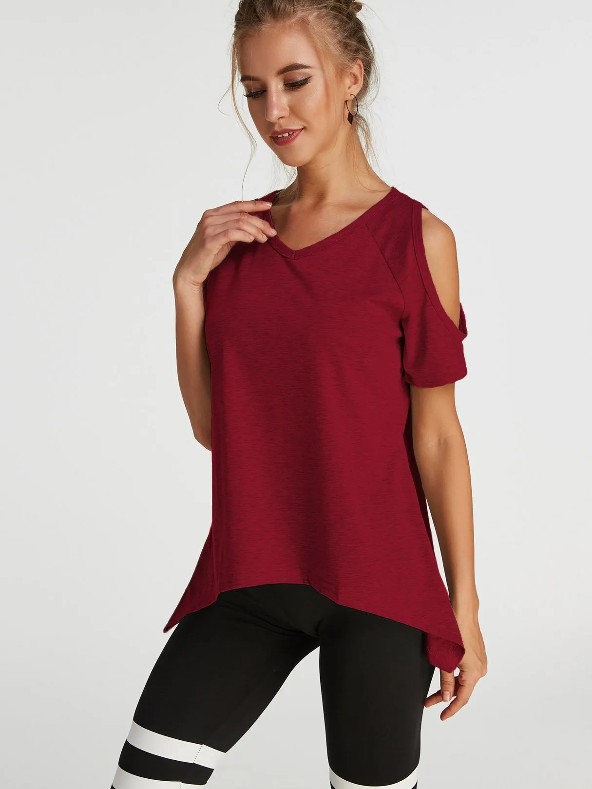 Custom Cold Shoulder Short Sleeve Irregular Hem T-Shirts