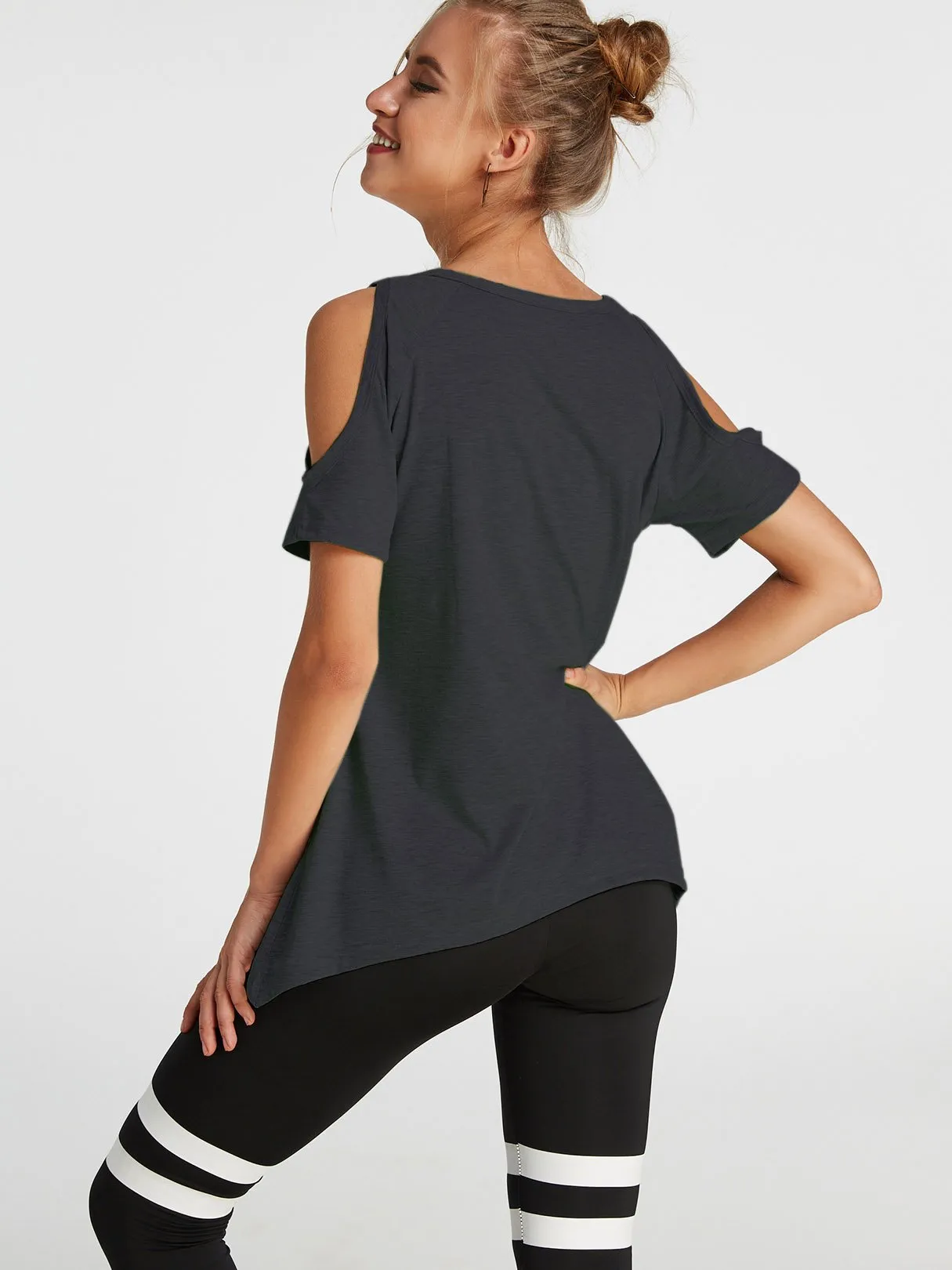 Custom Cold Shoulder Short Sleeve Irregular Hem T-Shirts