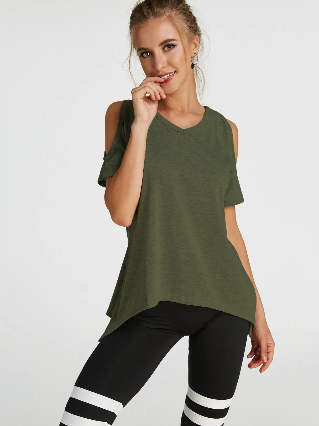Custom Cold Shoulder Short Sleeve Irregular Hem T-Shirts