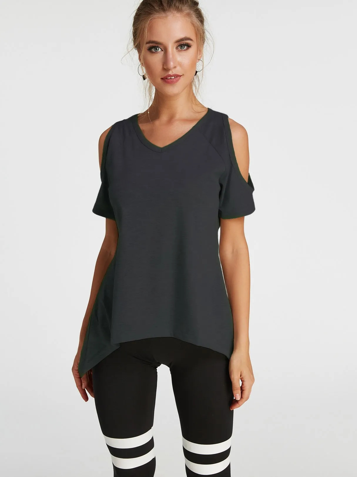 Custom Cold Shoulder Short Sleeve Irregular Hem T-Shirts