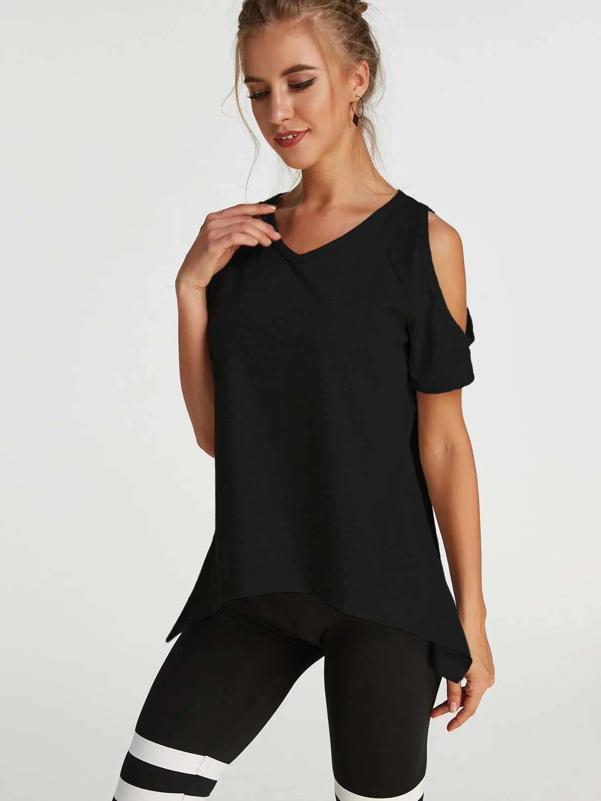 Custom Cold Shoulder Short Sleeve Irregular Hem T-Shirts
