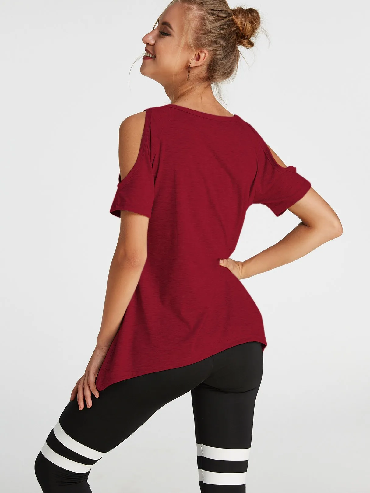 Custom Cold Shoulder Short Sleeve Irregular Hem T-Shirts