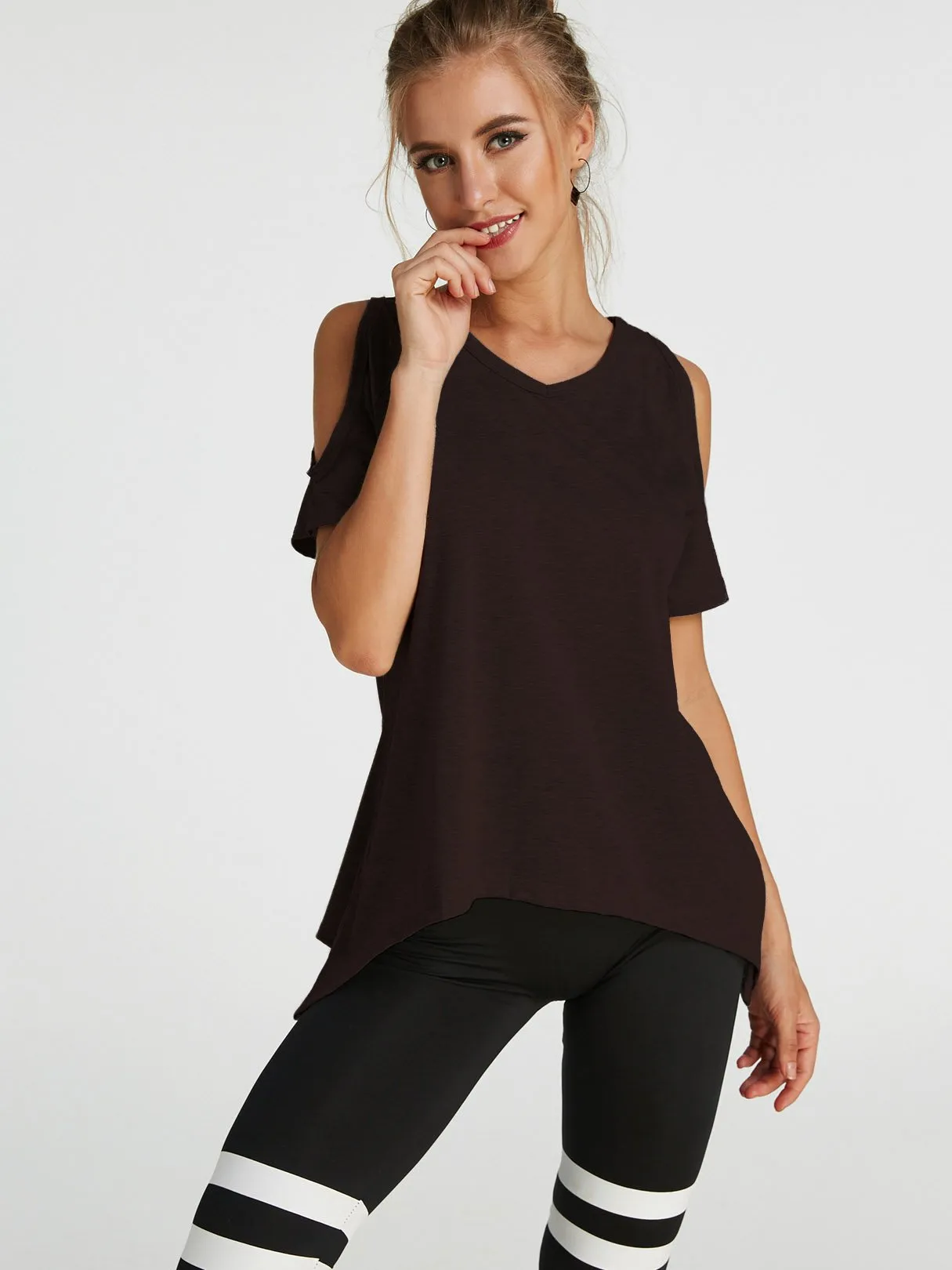 Custom Cold Shoulder Short Sleeve Irregular Hem T-Shirts