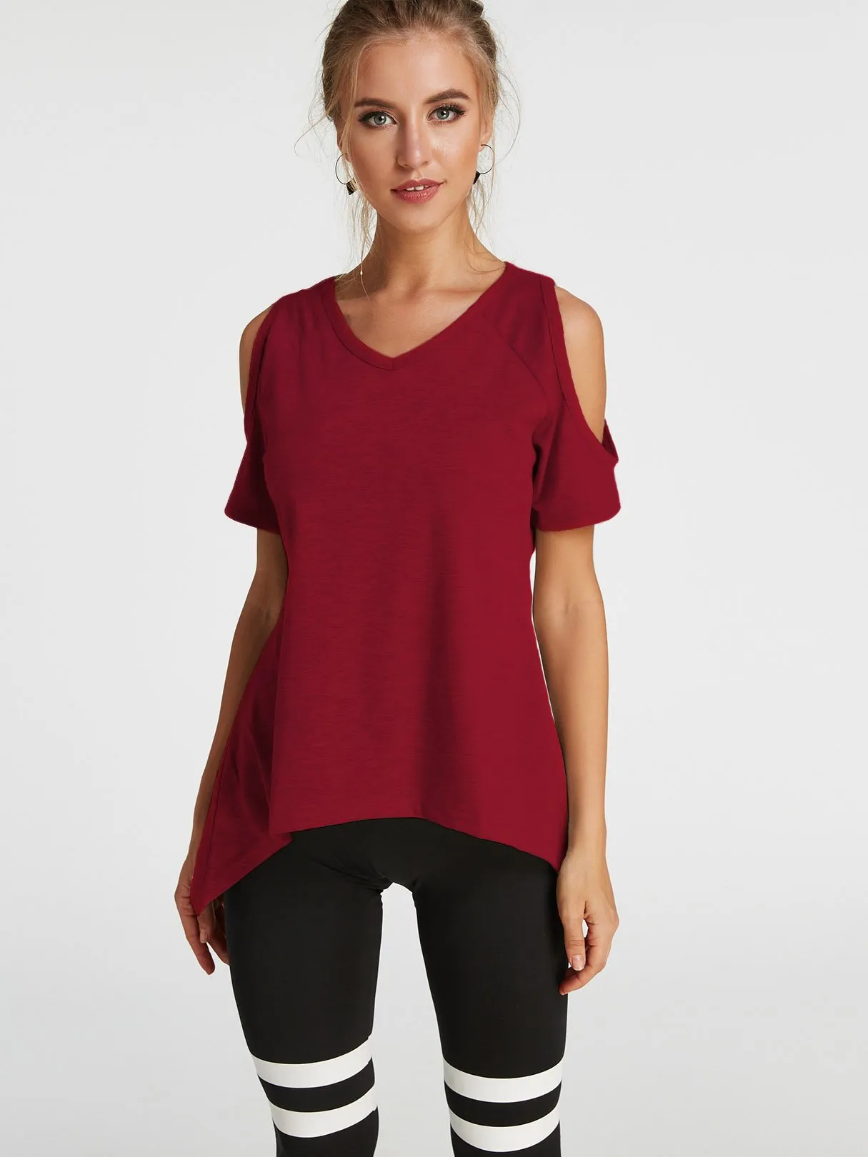 Custom Cold Shoulder Short Sleeve Irregular Hem T-Shirts