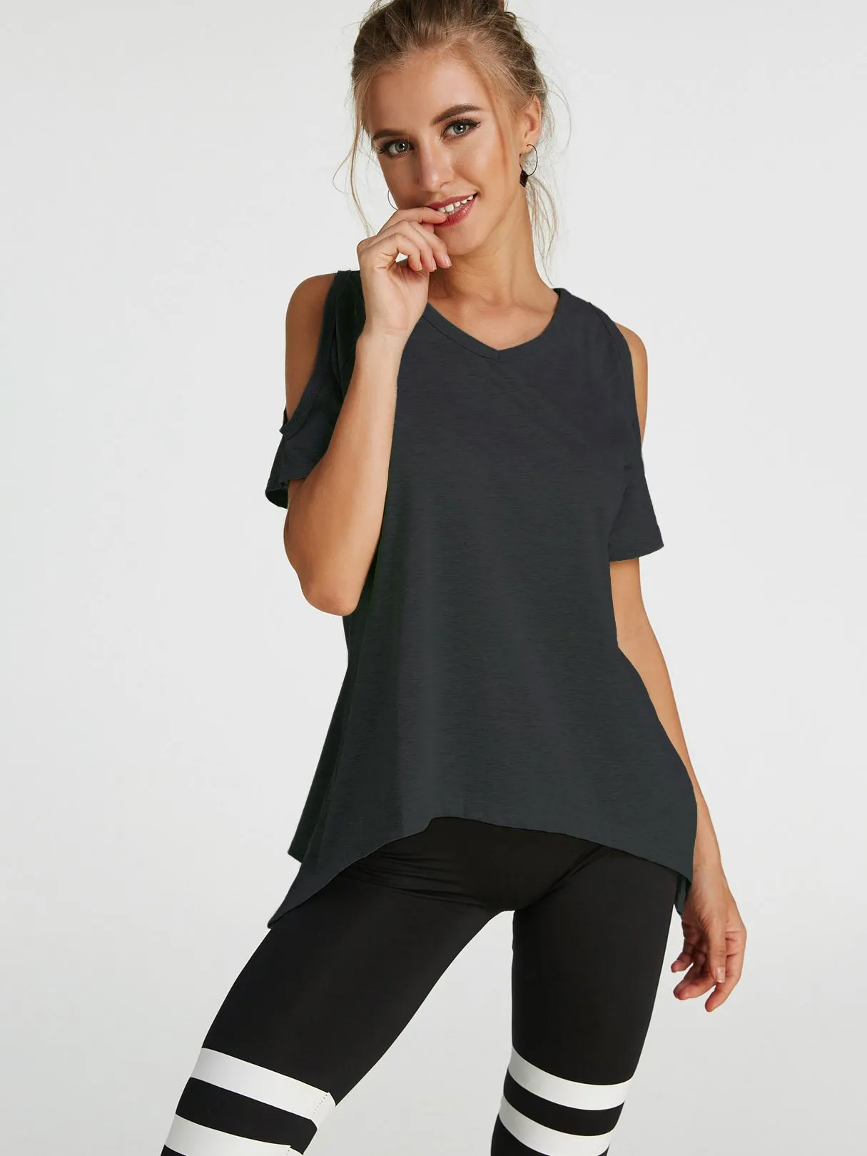 Custom Cold Shoulder Short Sleeve Irregular Hem T-Shirts