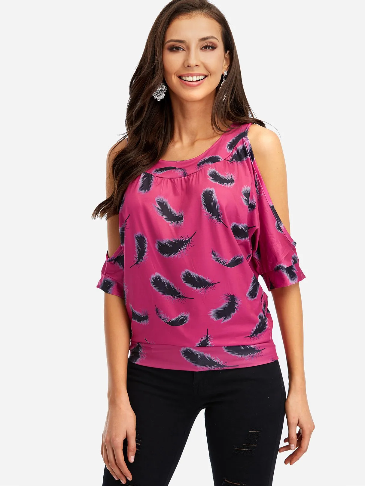 Custom Round Neck Cold Shoulder Floral Print Half Sleeve T-Shirts