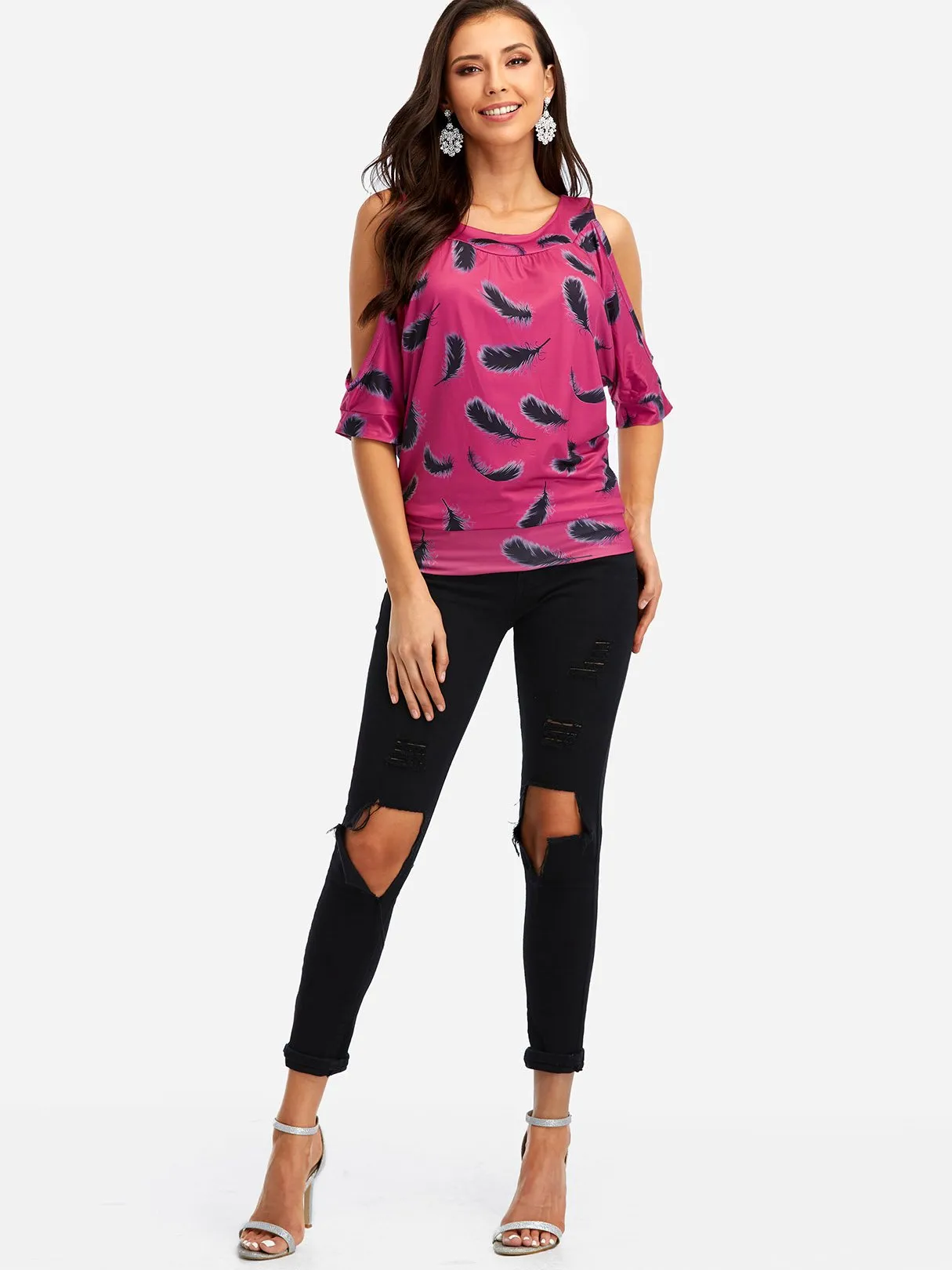 Custom Round Neck Cold Shoulder Floral Print Half Sleeve T-Shirts