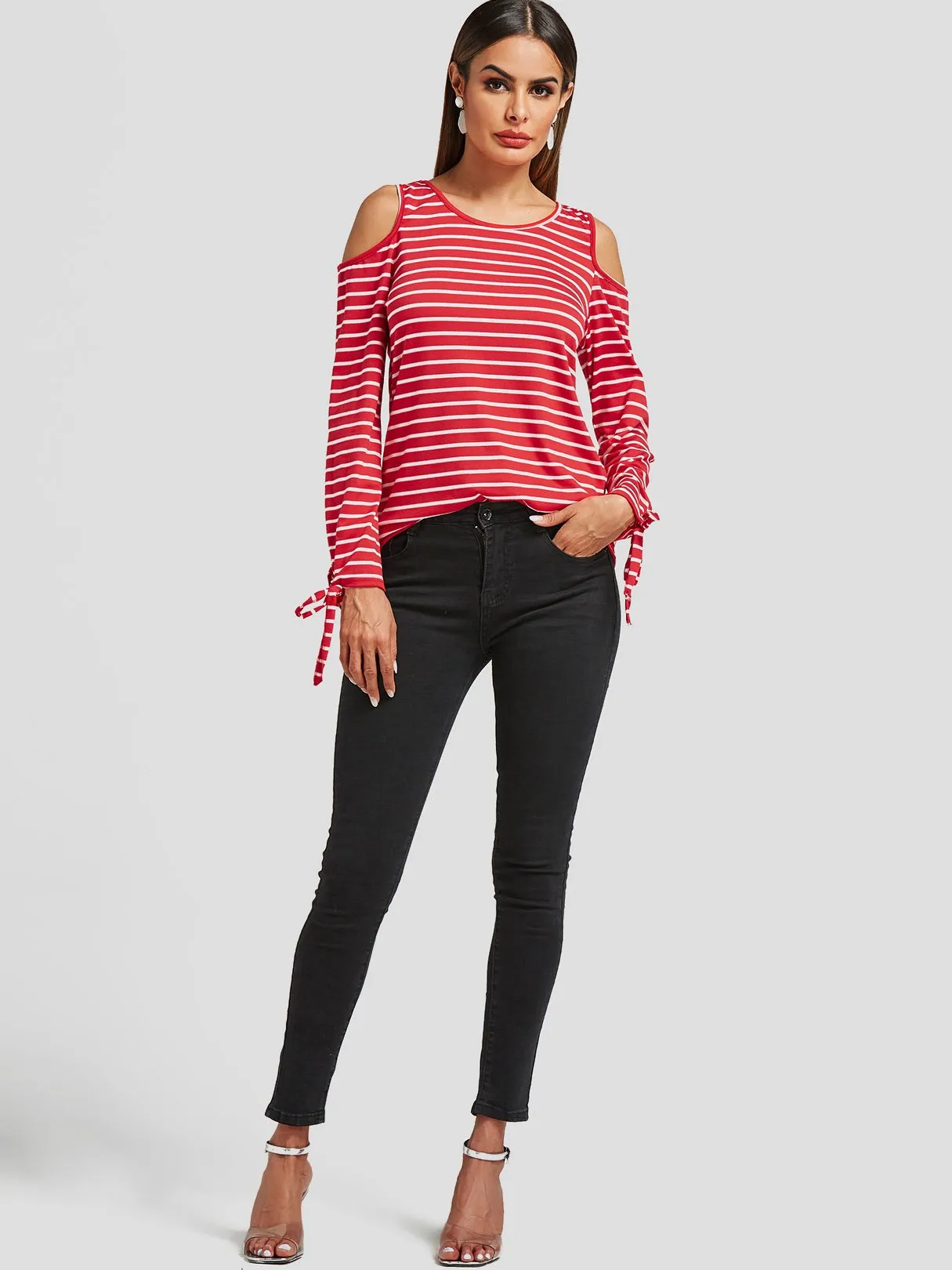 Custom Round Neck Cold Shoulder Stripe Cut Out Long Sleeve Red T-Shirts
