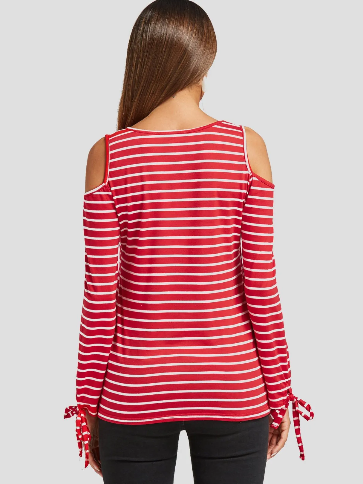 Custom Round Neck Cold Shoulder Stripe Cut Out Long Sleeve Red T-Shirts