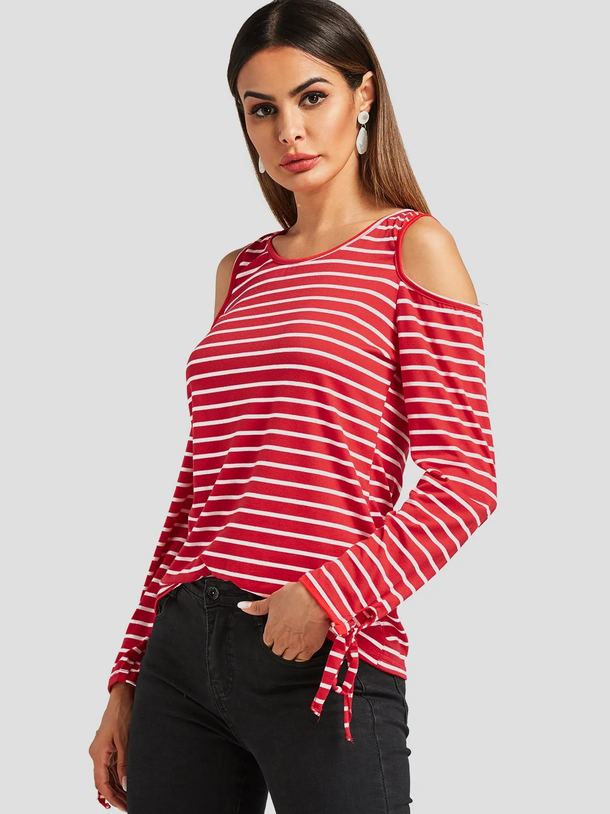 Custom Round Neck Cold Shoulder Stripe Cut Out Long Sleeve Red T-Shirts