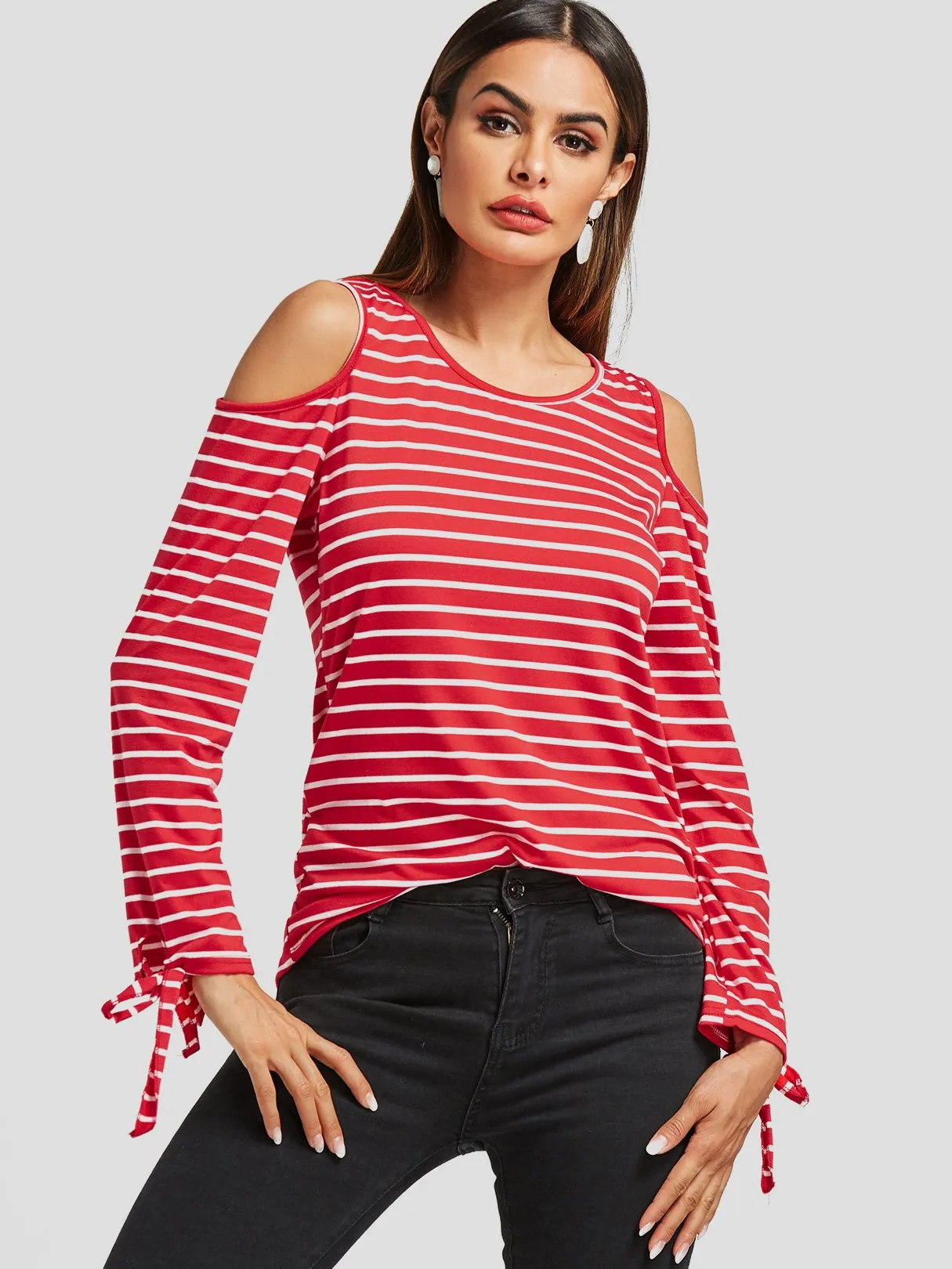Custom Round Neck Cold Shoulder Stripe Cut Out Long Sleeve Red T-Shirts