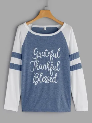 Custom Round Neck Stripe Letter Printed Long Sleeve T-Shirts