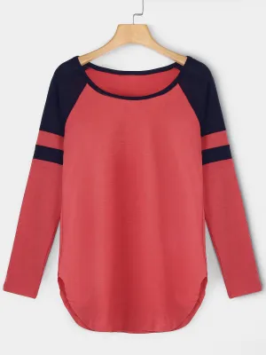 Custom Round Neck Stripe Plain Long Sleeve Curved Hem Red T-Shirts