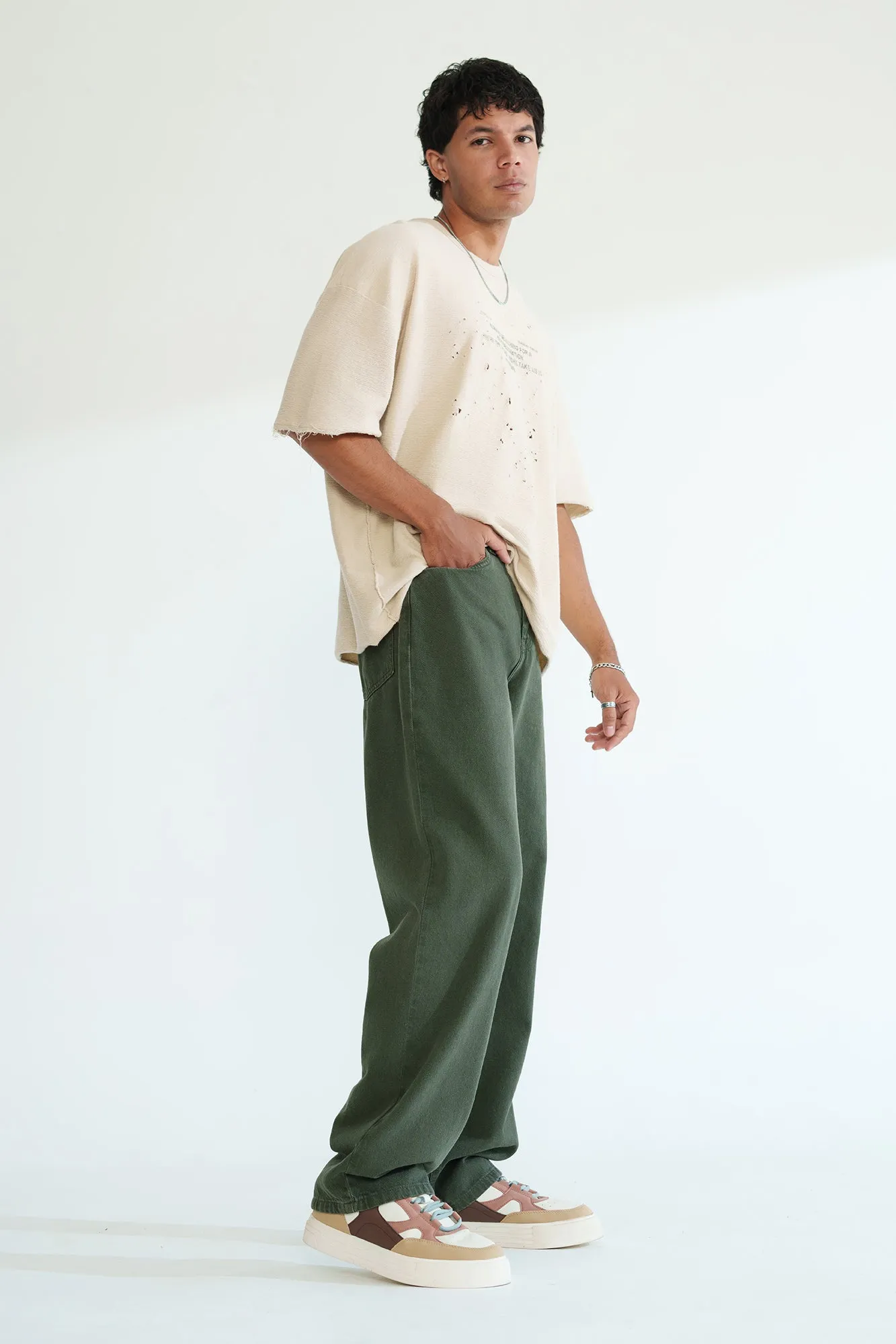 Dark Olive Men's Baggy Straight Jeans