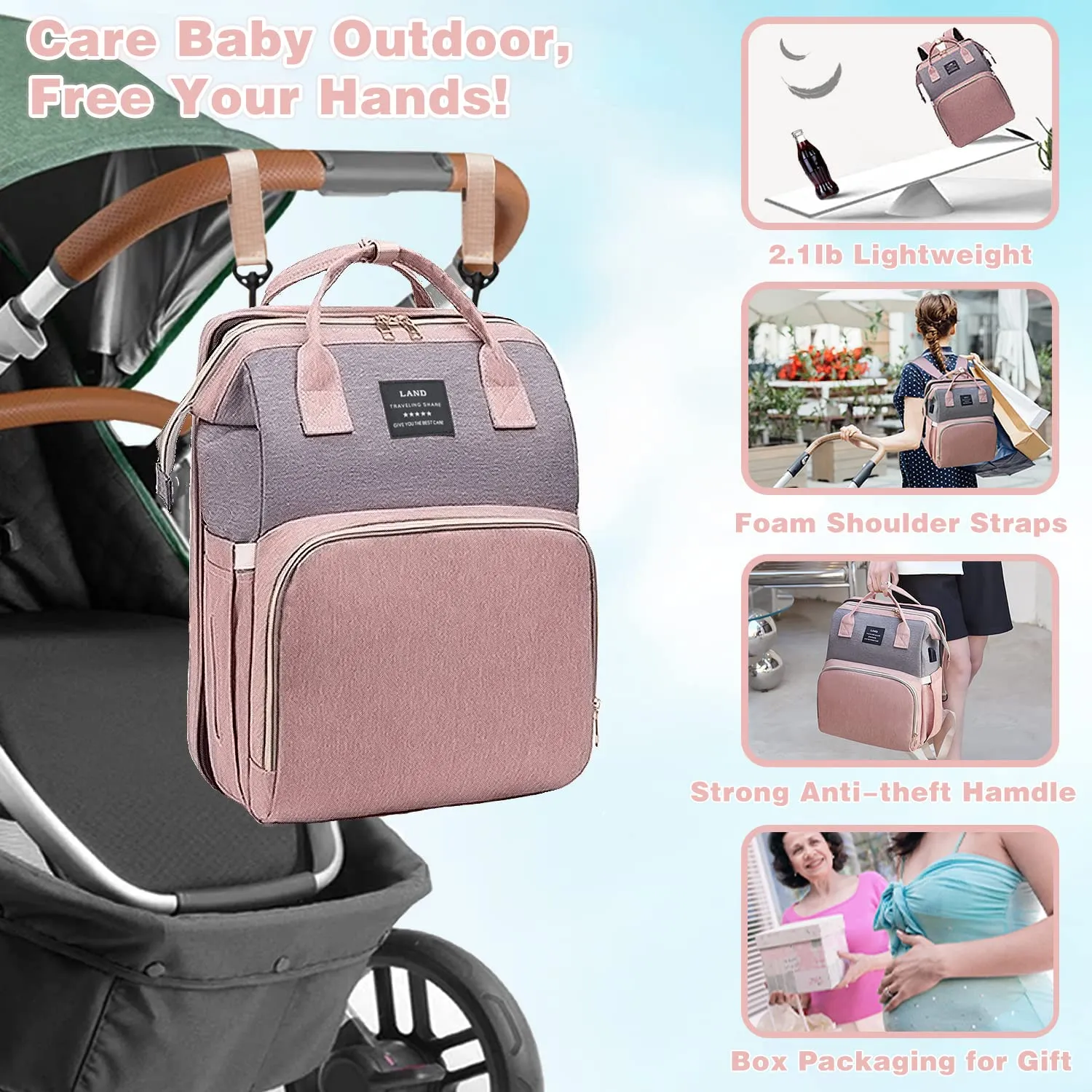 Diaper Bag with Changing Station,Diaper Bag Backpack,Girl Boy Diaper Bag,Large Capacity,900d Excellent Oxford(Ungrade Pink Grey)