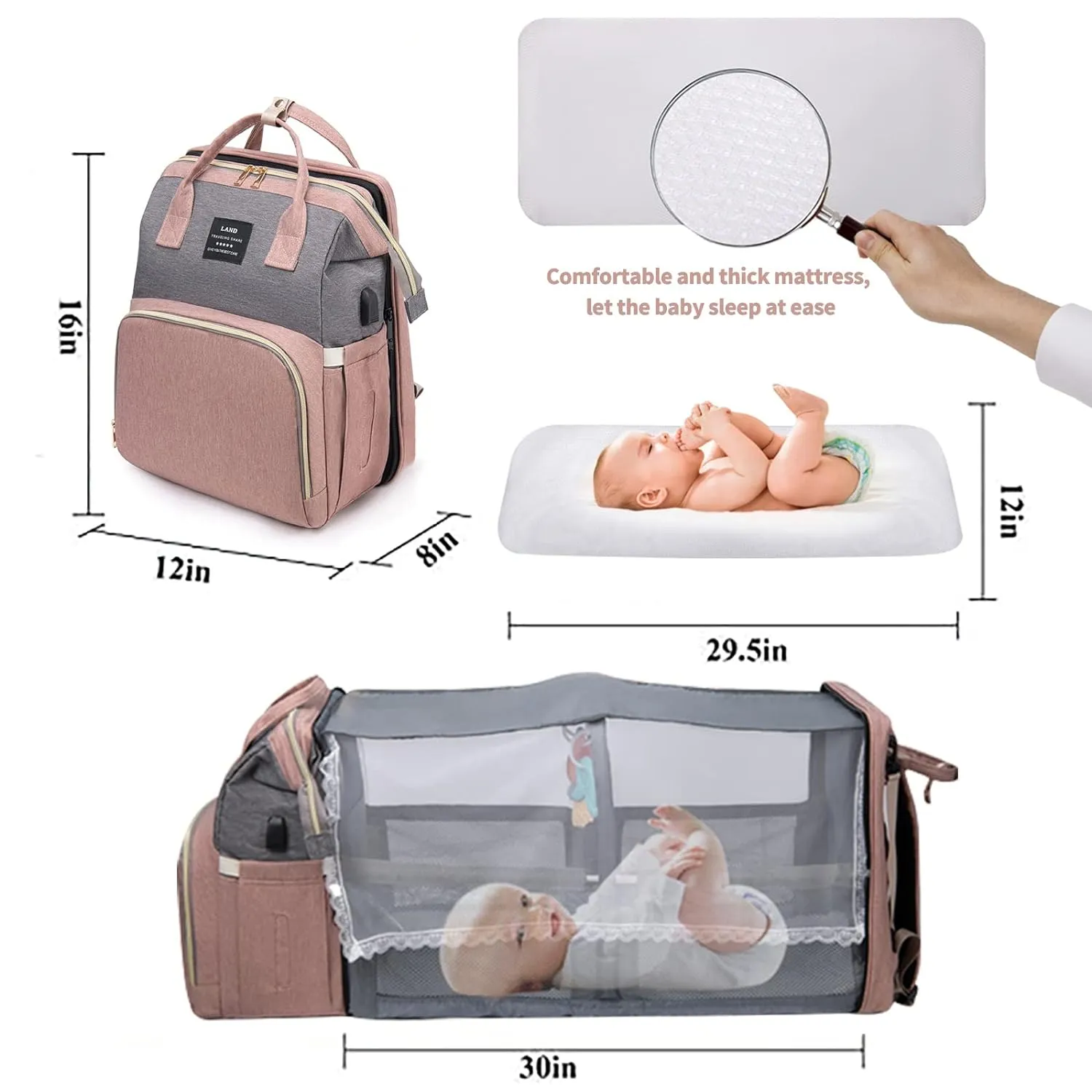 Diaper Bag with Changing Station,Diaper Bag Backpack,Girl Boy Diaper Bag,Large Capacity,900d Excellent Oxford(Ungrade Pink Grey)