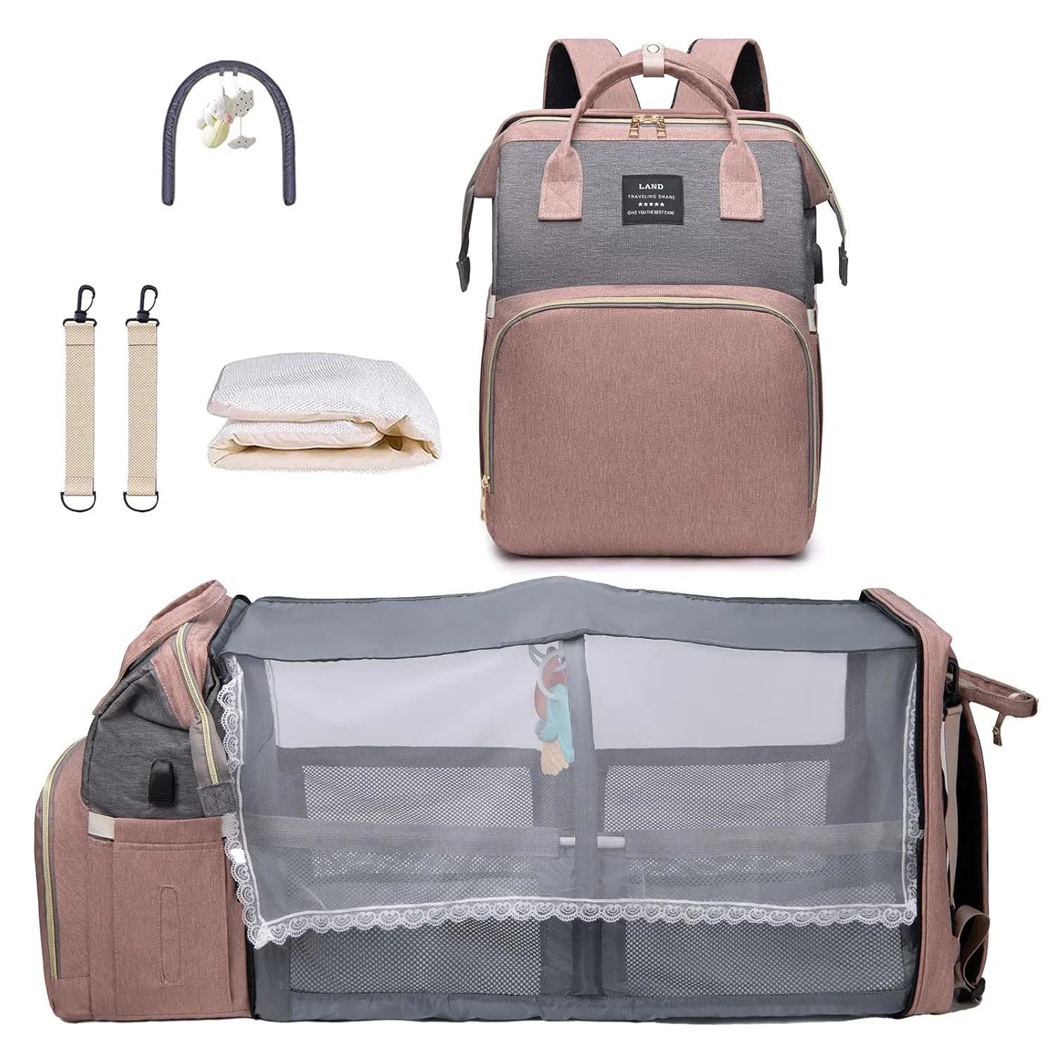Diaper Bag with Changing Station,Diaper Bag Backpack,Girl Boy Diaper Bag,Large Capacity,900d Excellent Oxford(Ungrade Pink Grey)