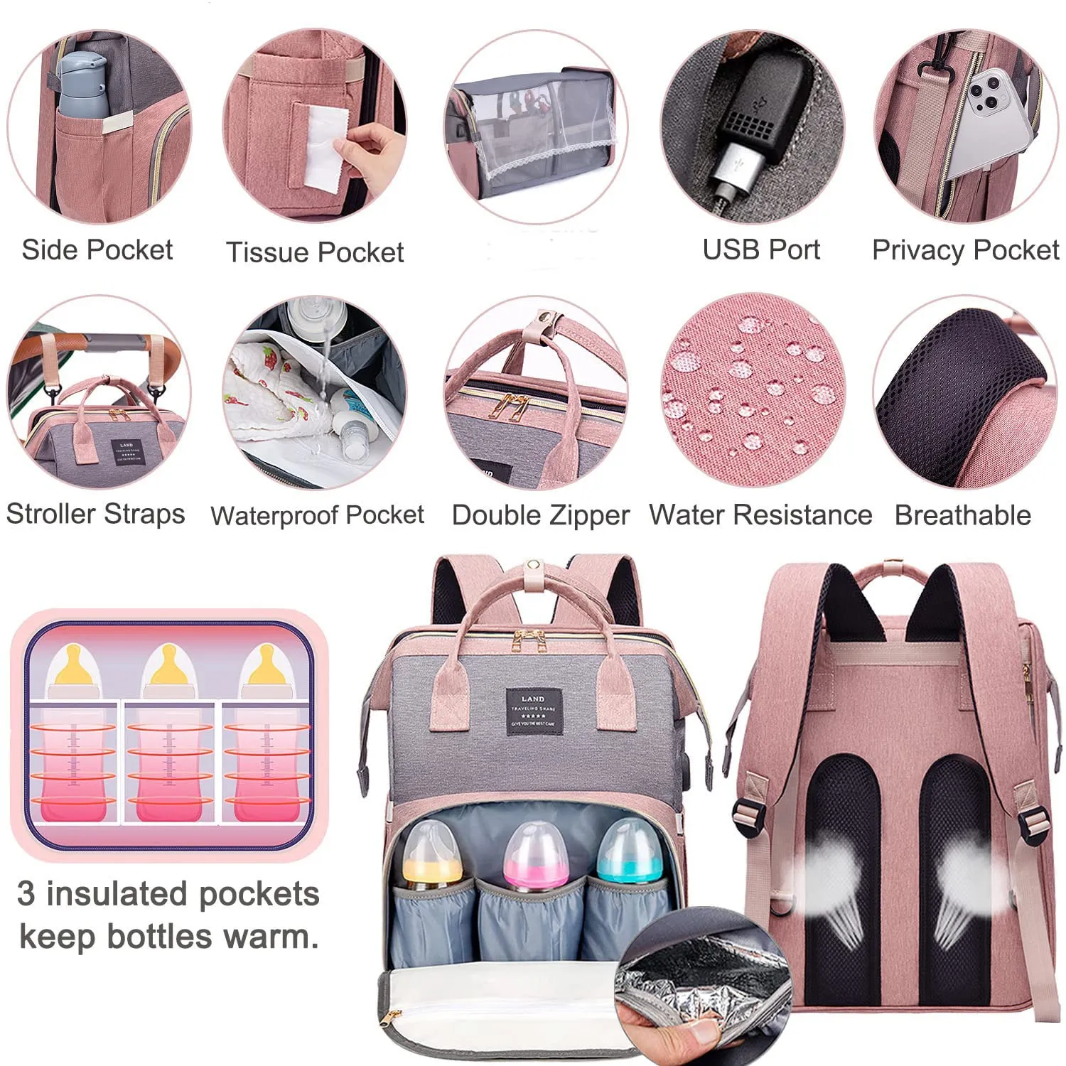 Diaper Bag with Changing Station,Diaper Bag Backpack,Girl Boy Diaper Bag,Large Capacity,900d Excellent Oxford(Ungrade Pink Grey)