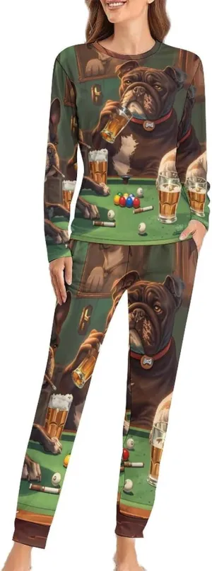 Dogs Billiard Game Room Womens 2 Pieces Pajama Sets Long Sleeve Sleepwear Loungewear PJs Sets with Pockets