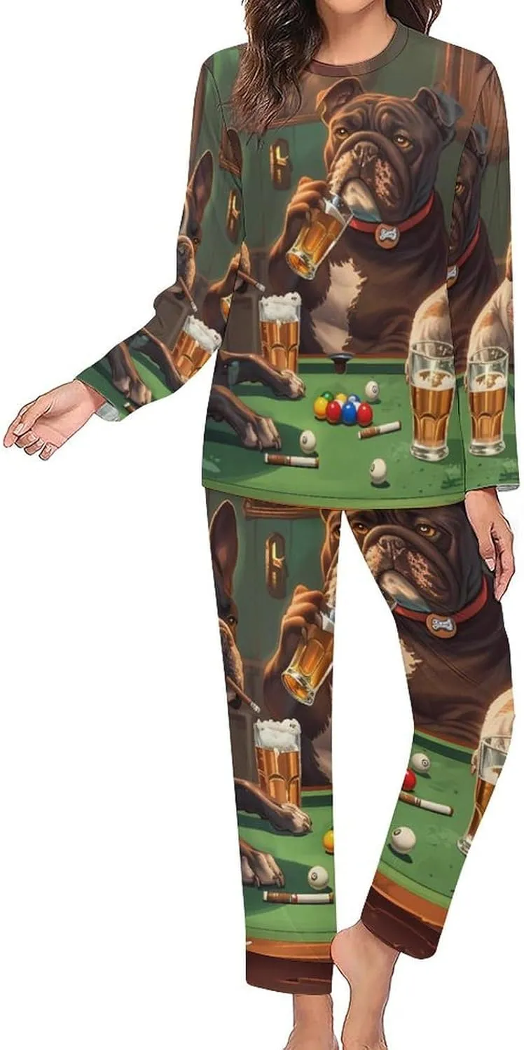 Dogs Billiard Game Room Womens 2 Pieces Pajama Sets Long Sleeve Sleepwear Loungewear PJs Sets with Pockets