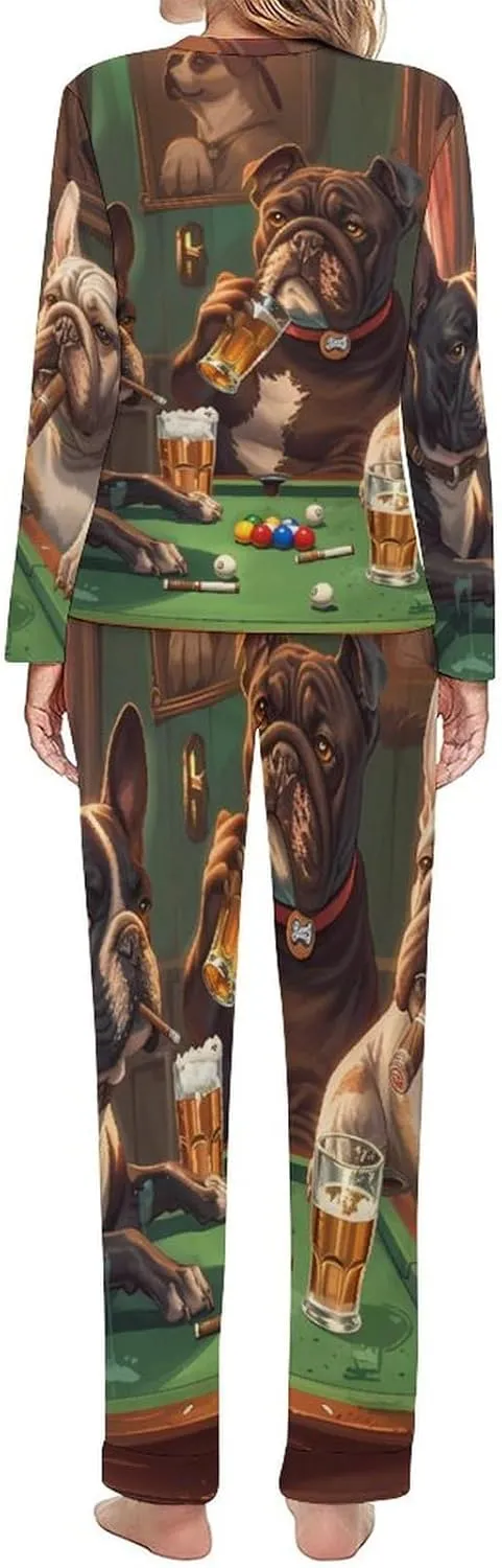 Dogs Billiard Game Room Womens 2 Pieces Pajama Sets Long Sleeve Sleepwear Loungewear PJs Sets with Pockets