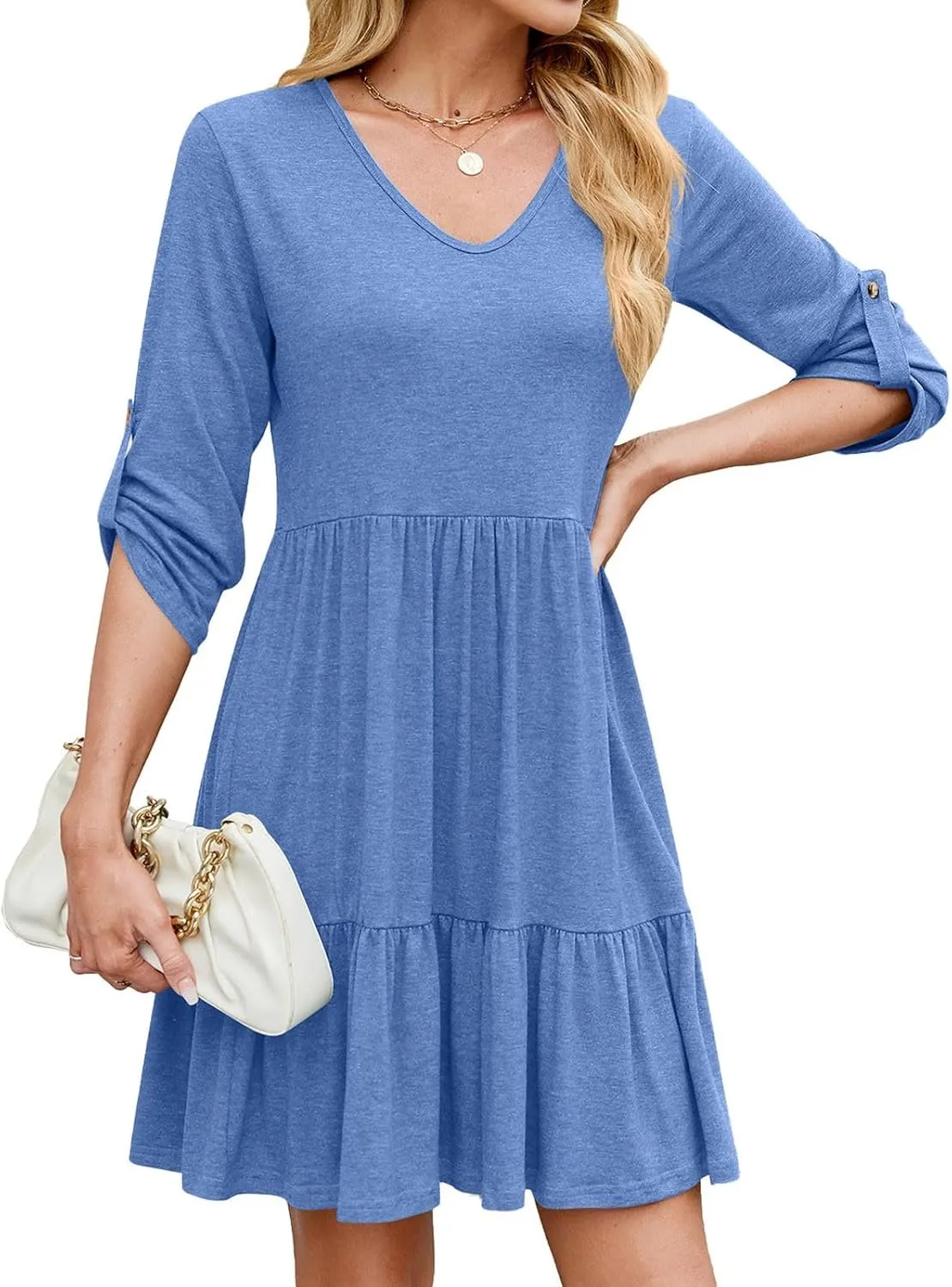 Dresses for Women 2025 Casual Spring Summer Roll Up 3/4 Sleeve V Neck Flowy Tiered Ruffle A Line Swing Mini Tunic Dress