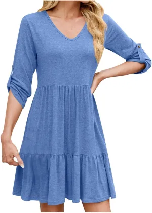 Dresses for Women 2025 Casual Spring Summer Roll Up 3/4 Sleeve V Neck Flowy Tiered Ruffle A Line Swing Mini Tunic Dress