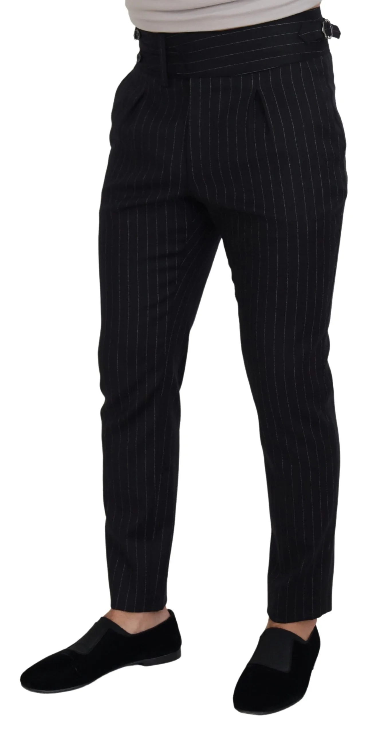Elegant Black Striped Wool Blend Trousers