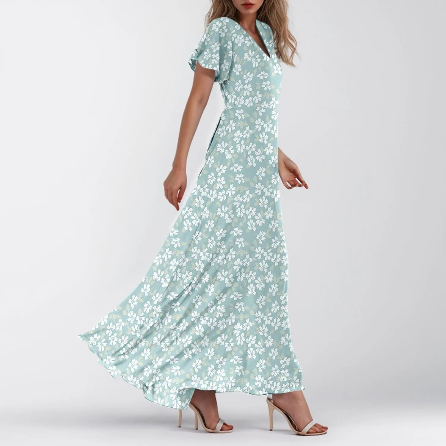 Elegant Dresses for Women 2025 Floral Print Ruffle Short Sleeve A-Line Dress Trendy V Neck High Waist Maxi Dress