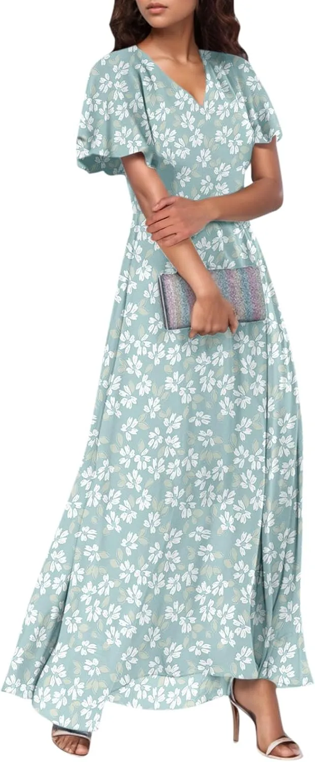 Elegant Dresses for Women 2025 Floral Print Ruffle Short Sleeve A-Line Dress Trendy V Neck High Waist Maxi Dress