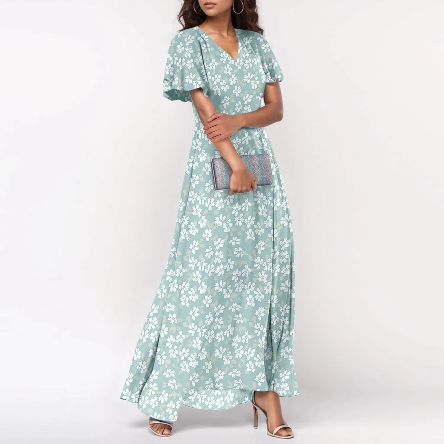 Elegant Dresses for Women 2025 Floral Print Ruffle Short Sleeve A-Line Dress Trendy V Neck High Waist Maxi Dress