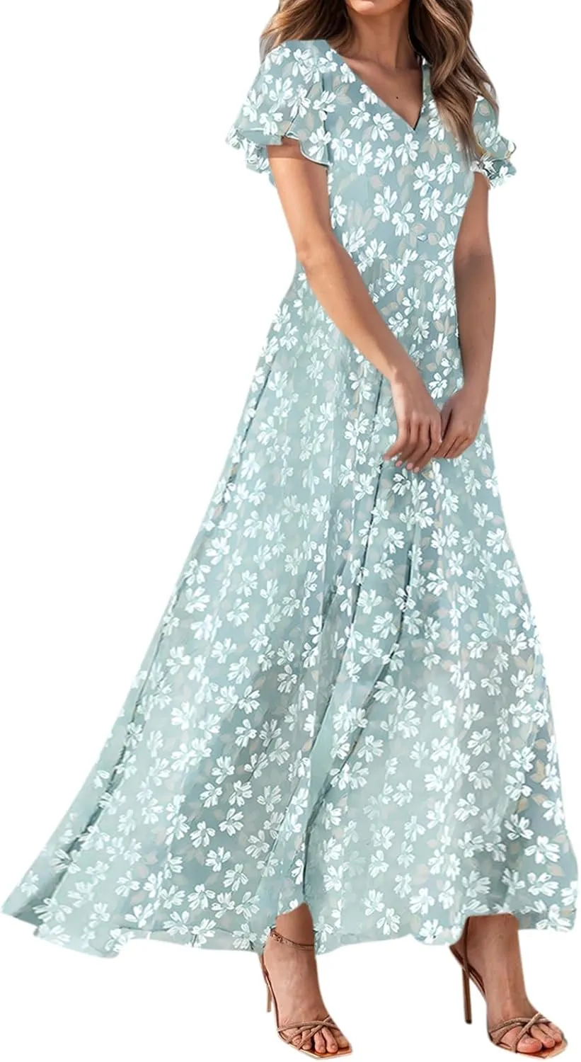 Elegant Dresses for Women 2025 Floral Print Ruffle Short Sleeve A-Line Dress Trendy V Neck High Waist Maxi Dress