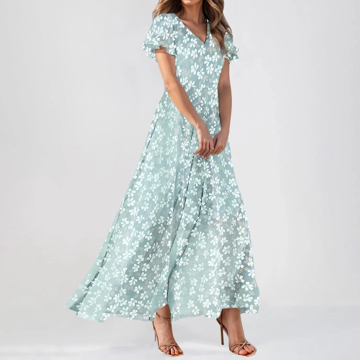 Elegant Dresses for Women 2025 Floral Print Ruffle Short Sleeve A-Line Dress Trendy V Neck High Waist Maxi Dress