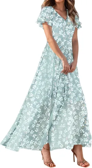 Elegant Dresses for Women 2025 Floral Print Ruffle Short Sleeve A-Line Dress Trendy V Neck High Waist Maxi Dress