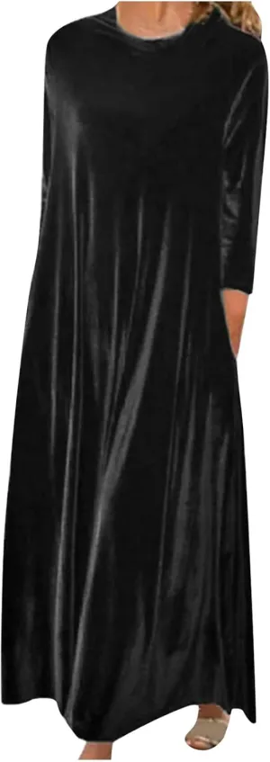 Elegant Vintage Velvet Dress for Women Plus Size Crewneck 3/4 Sleeve Pleated Maxi Dresses Retro Velour Casual Long Dress