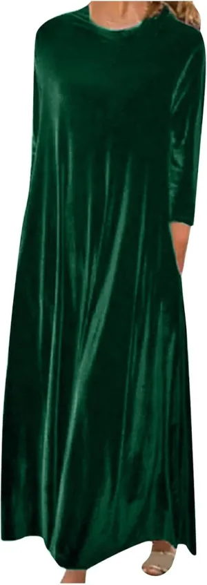 Elegant Vintage Velvet Dress for Women Plus Size Crewneck 3/4 Sleeve Pleated Maxi Dresses Retro Velour Casual Long Dress