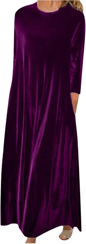 Elegant Vintage Velvet Dress for Women Plus Size Crewneck 3/4 Sleeve Pleated Maxi Dresses Retro Velour Casual Long Dress