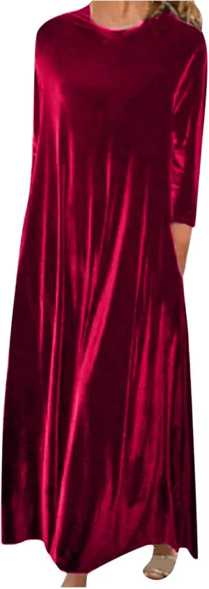 Elegant Vintage Velvet Dress for Women Plus Size Crewneck 3/4 Sleeve Pleated Maxi Dresses Retro Velour Casual Long Dress